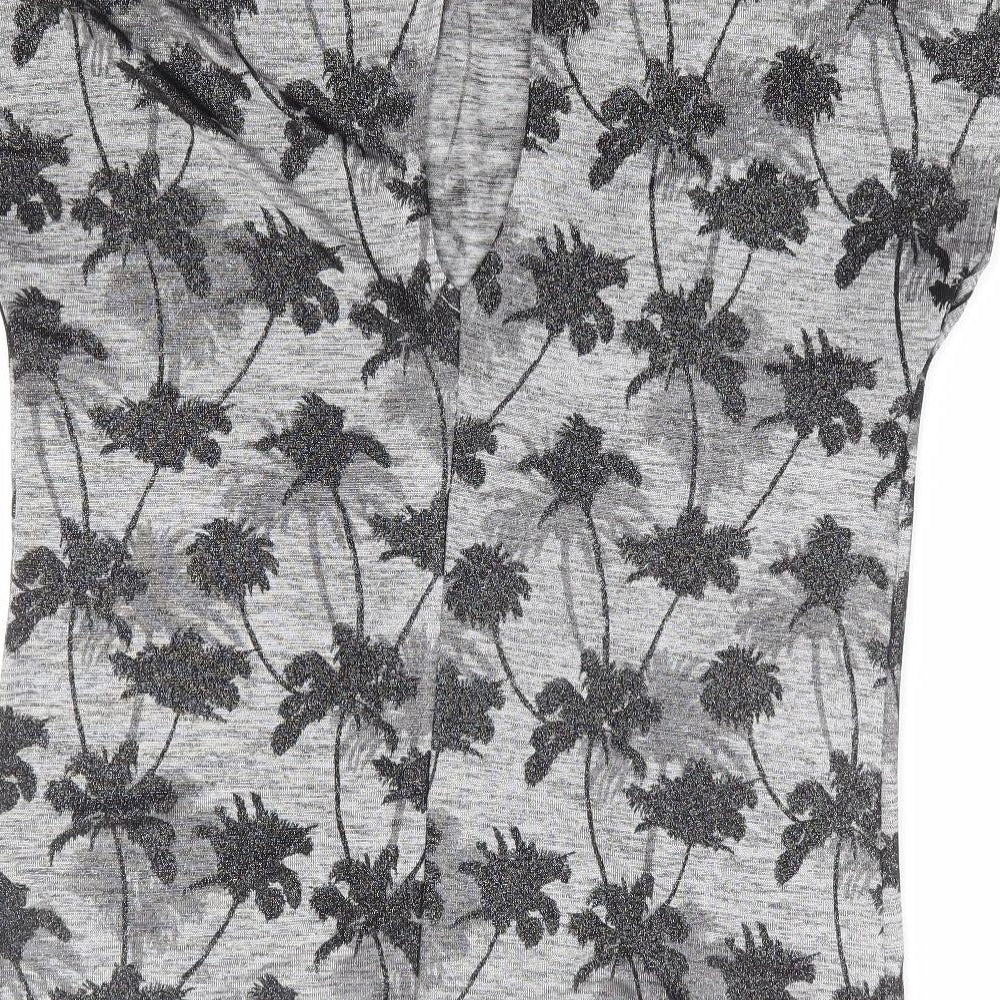 Oasis Womens Grey Floral Polyester Basic T-Shirt Size XS Round Neck - Palm Tree Print