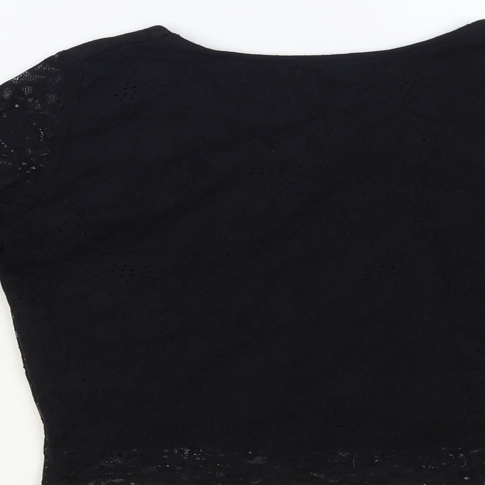 Republic Womens Black Floral Polyester Cropped Blouse Size M Round Neck