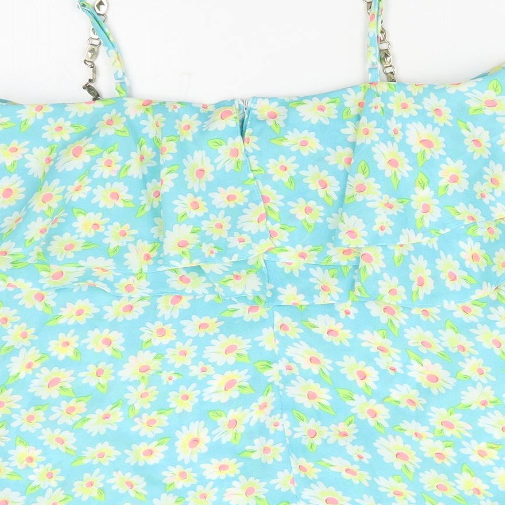 Ravi Famous Womens Blue Floral Cotton Basic Blouse Size 10 Square Neck
