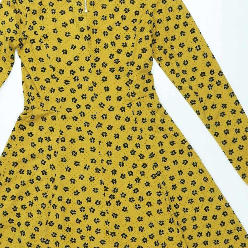 New Look Womens Yellow Geometric Polyester A-Line Size 10 Round Neck Zip