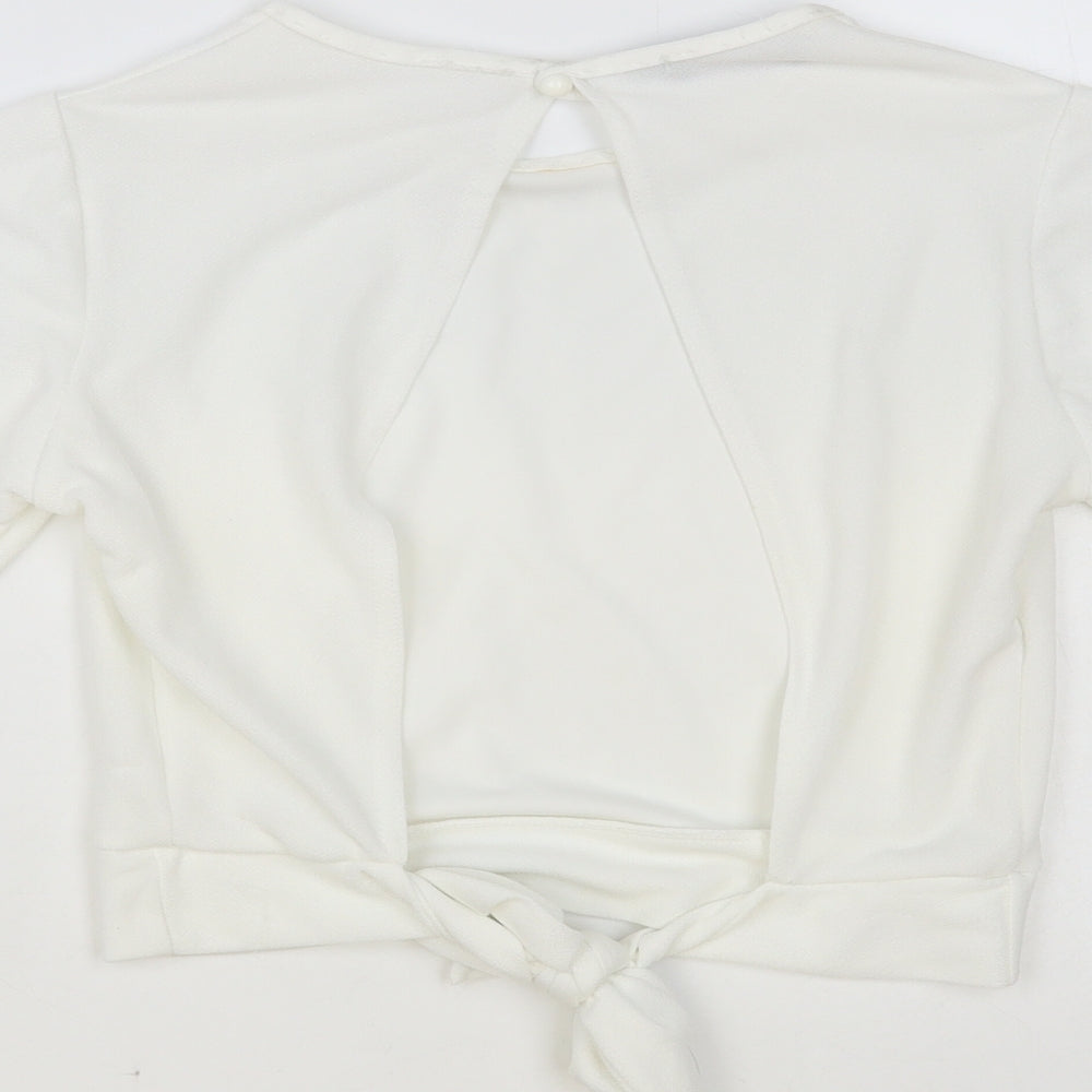 PRETTYLITTLETHING Womens White Polyester Cropped Blouse Size 12 Round Neck - Open Back