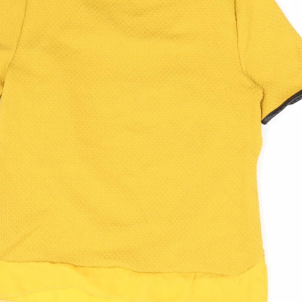 Oasis Womens Yellow Polyester Basic T-Shirt Size XS Round Neck - Leather Effect Trim
