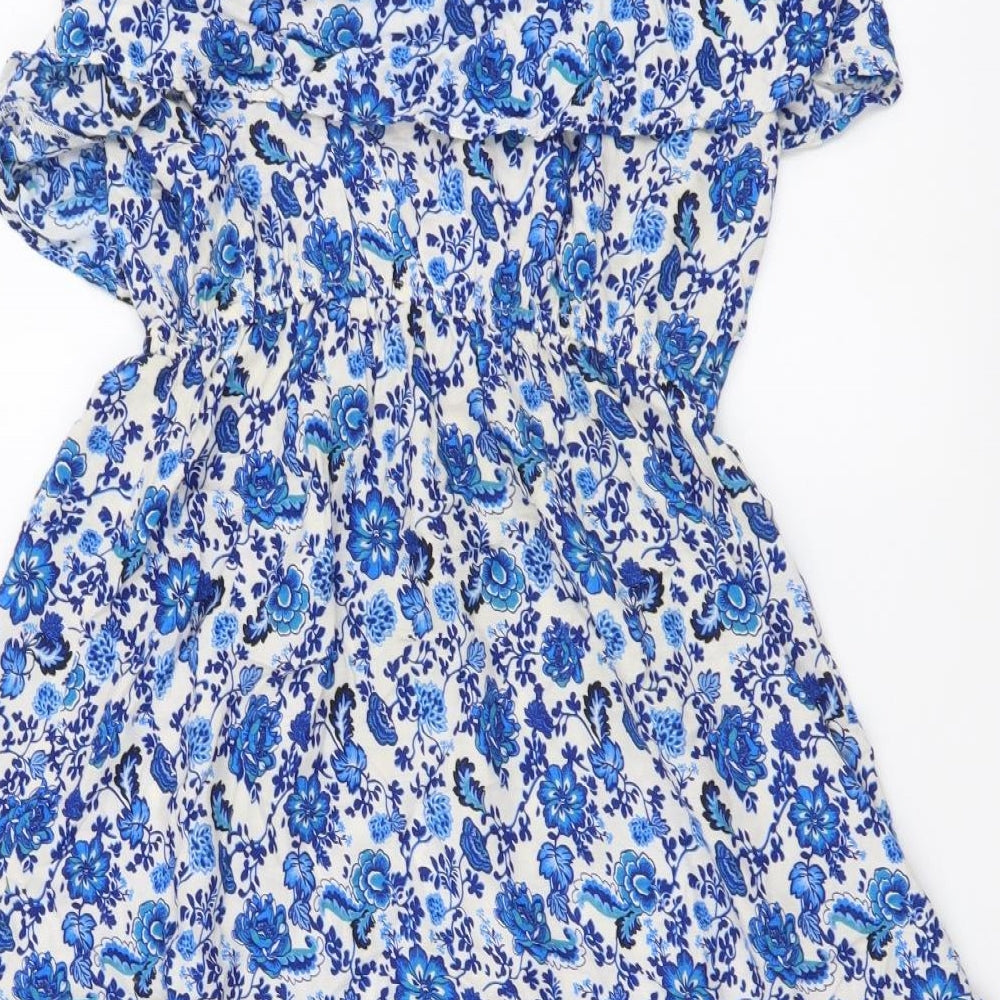 H&M Womens Blue Floral Viscose Mini Size S Sweetheart Pullover
