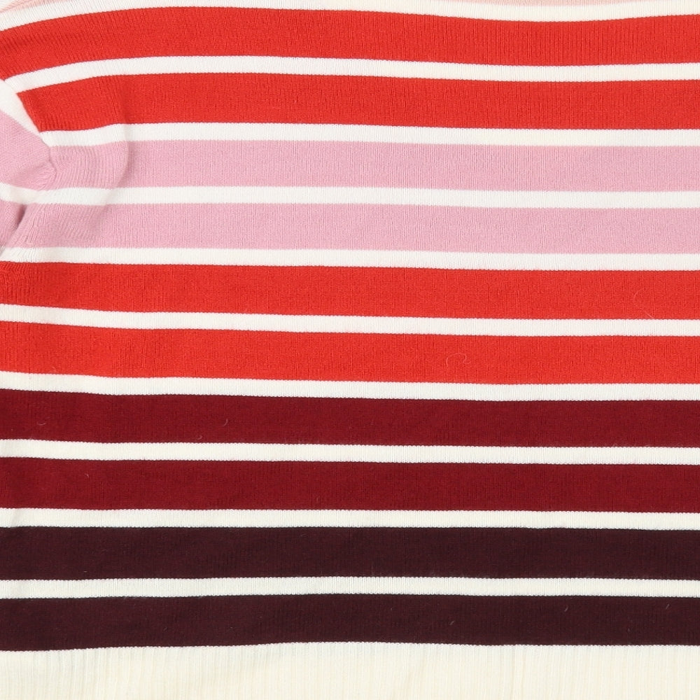 Marks & Spencer Womens Red V-Neck Striped Acrylic Pullover Jumper Size 14