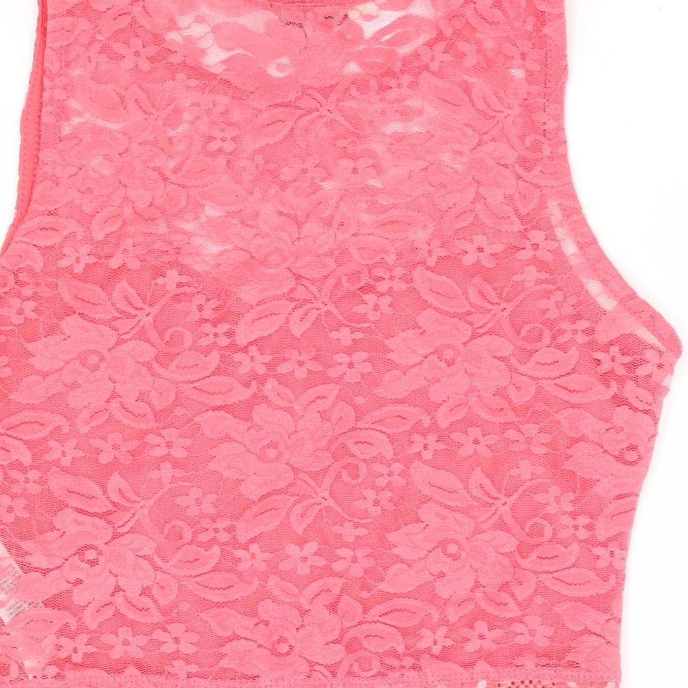 New Look Womens Pink Floral Polyamide Cropped Tank Size 8 Round Neck