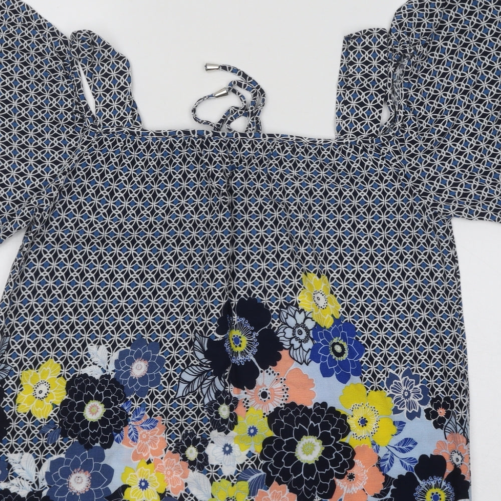 Dorothy Perkins Womens Blue Geometric Cotton Basic Blouse Size 10 Square Neck - Flowers