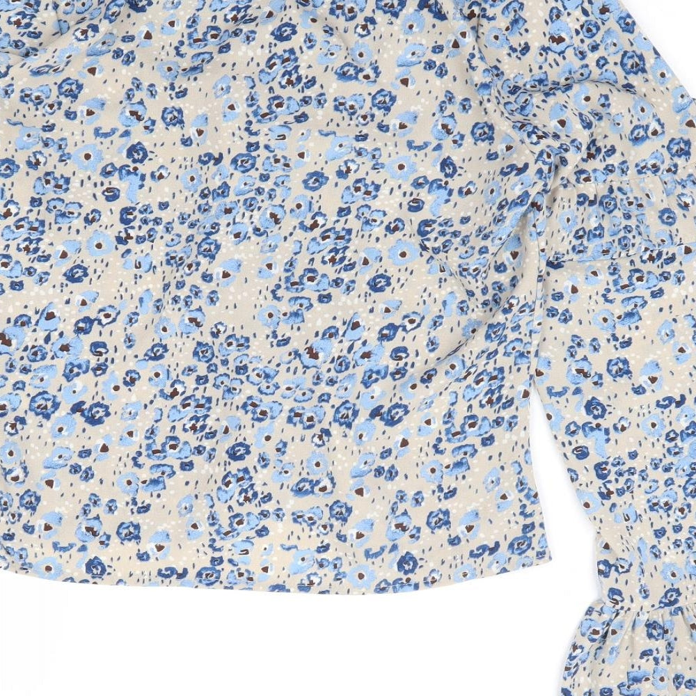 Nasty Gal Womens Blue Floral Polyester Basic Blouse Size 10 V-Neck - Bell Sleeve