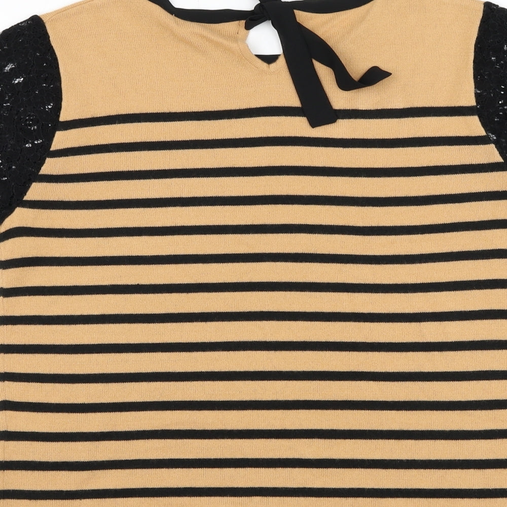 Marks & Spencer Womens Brown Round Neck Striped Acrylic Pullover Jumper Size 14 - Lace Sleeve