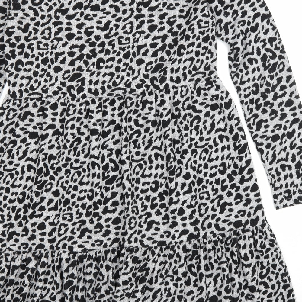 Quiz Womens Grey Animal Print Polyester A-Line Size 10 Scoop Neck Pullover - Leopard