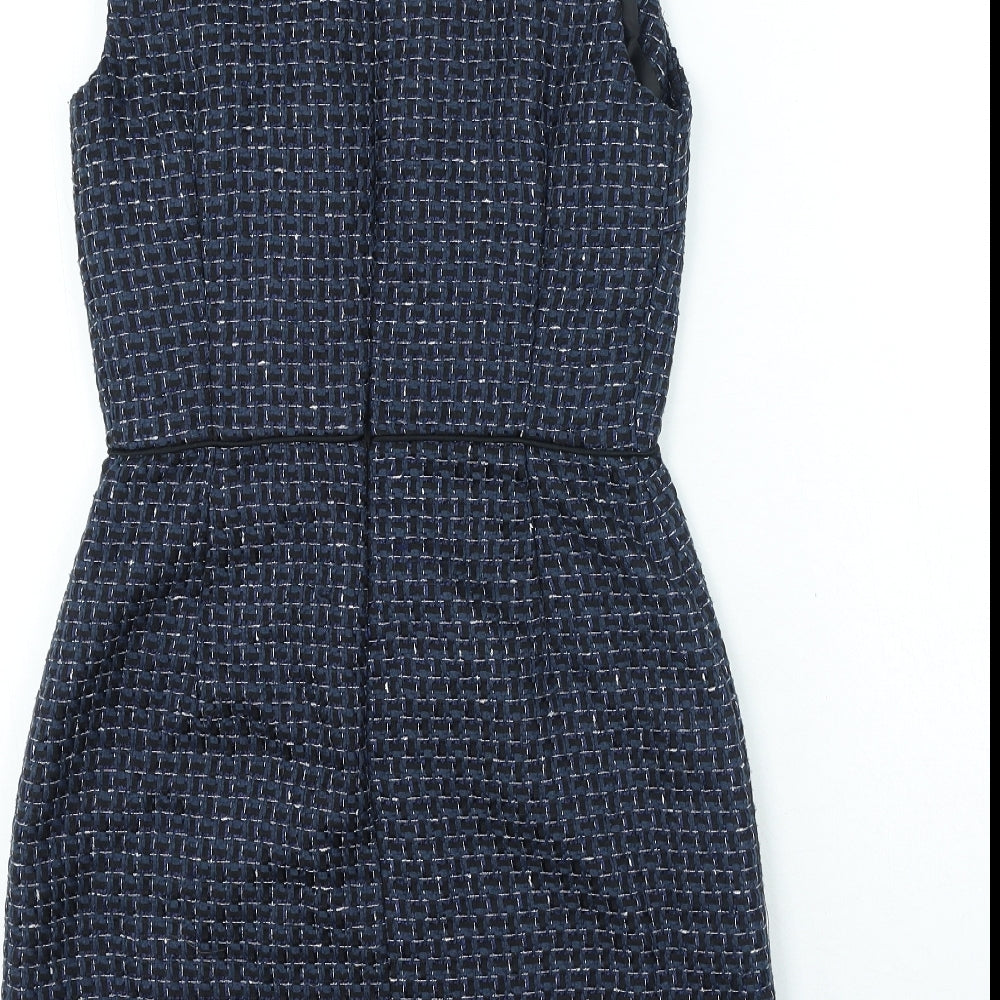 Warehouse Womens Blue Check Polyester Bodycon Size 10 Round Neck Zip