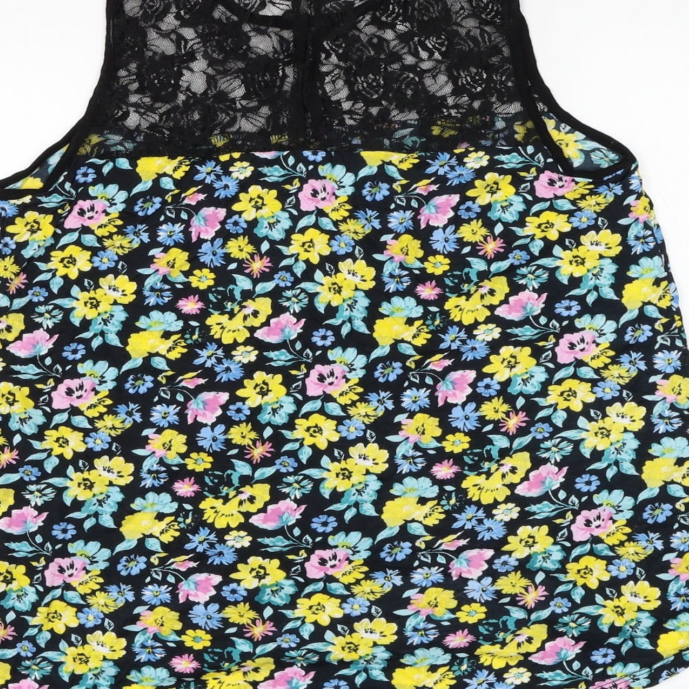 Preworn Womens Black Floral Polyester Basic Blouse Size M Round Neck - Lace Neckline