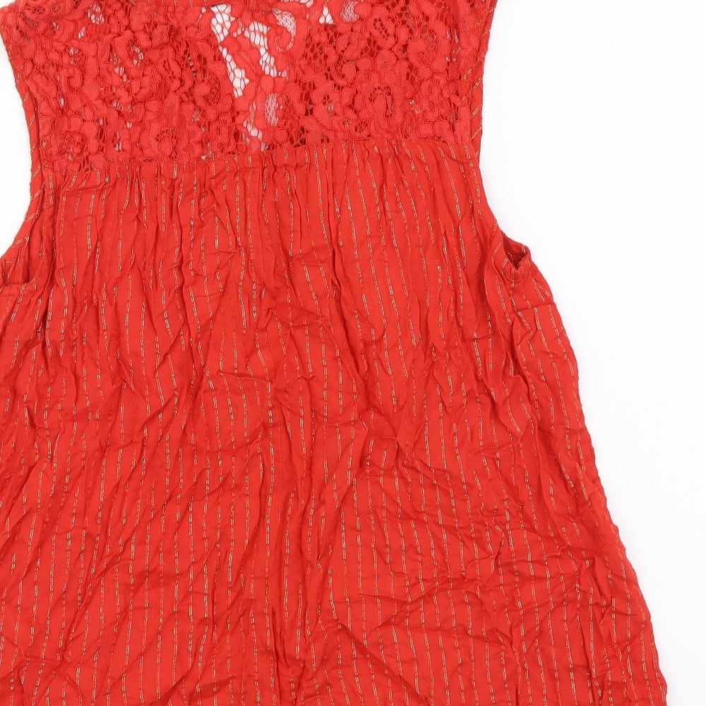 Roman Womens Red Striped Viscose Basic Button-Up Size 12 V-Neck - Lace Detail