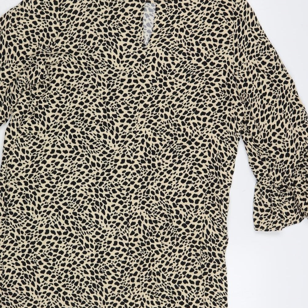 H&M Womens Beige Animal Print Viscose Shift Size 12 Round Neck Button