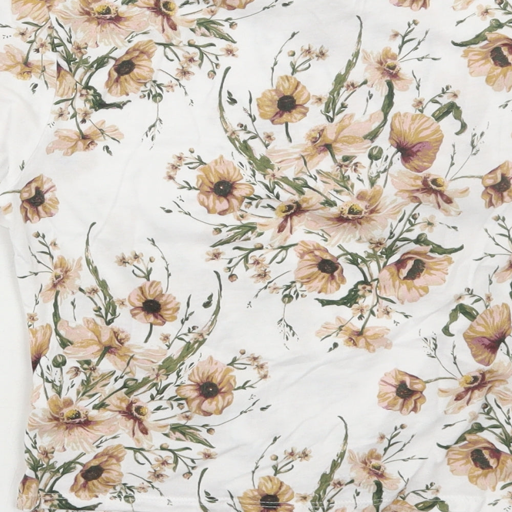 H&M Womens White Floral Cotton Cropped T-Shirt Size XS Round Neck