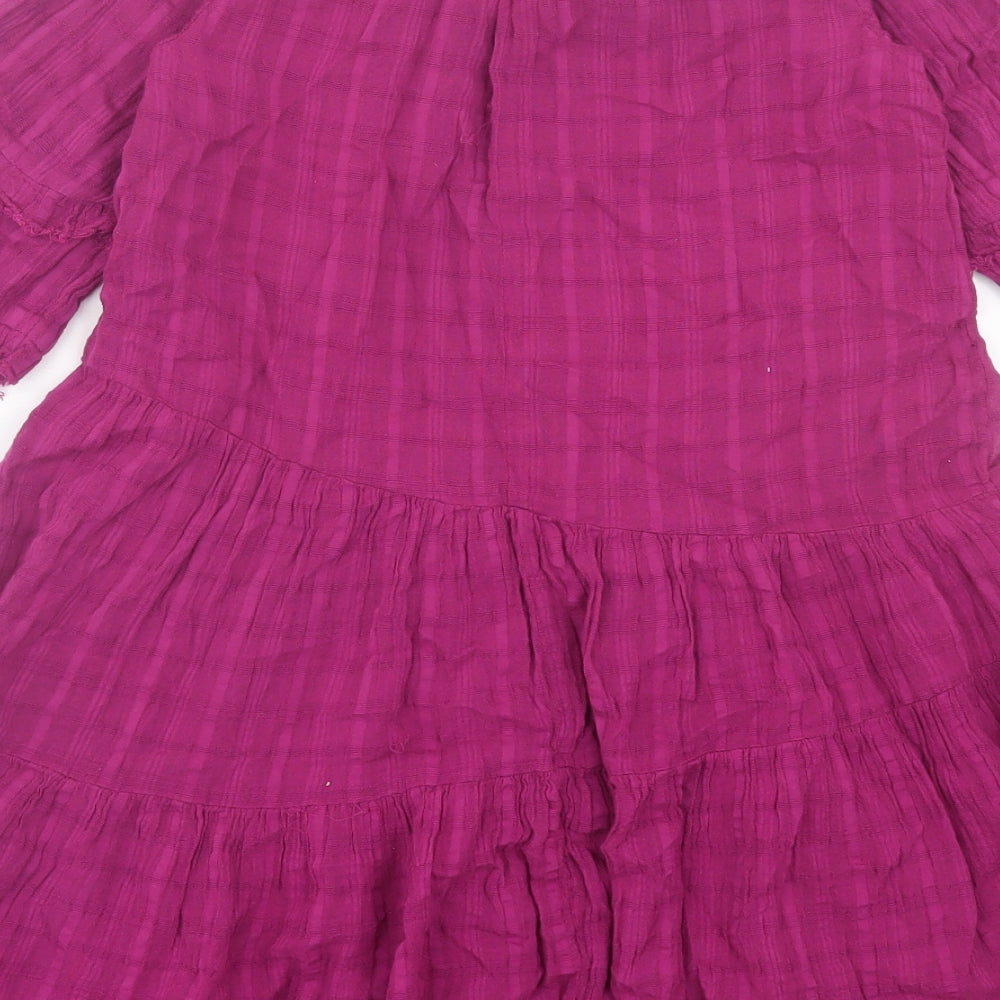 Zara Girls Purple Cotton A-Line Size 7 Years V-Neck Button