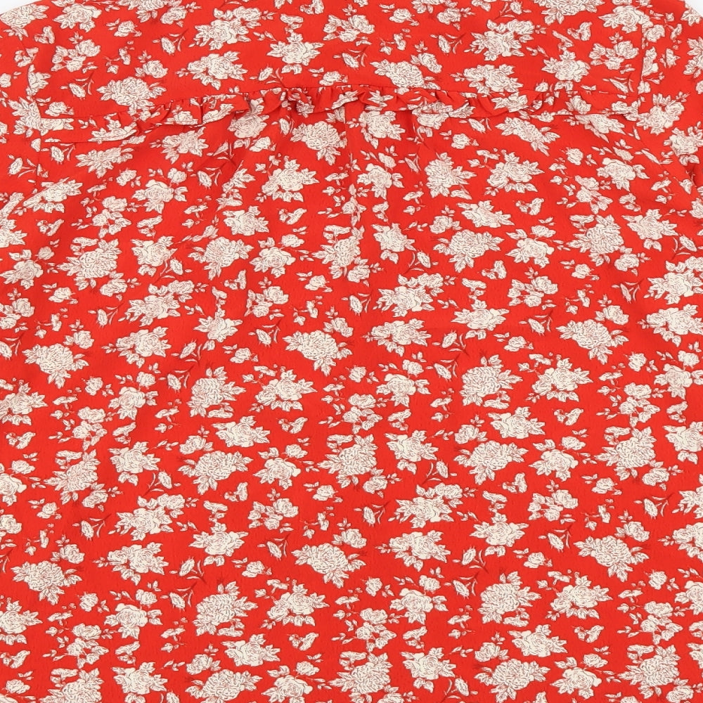 Zara Womens Red Floral Polyester Basic Button-Up Size S Round Neck