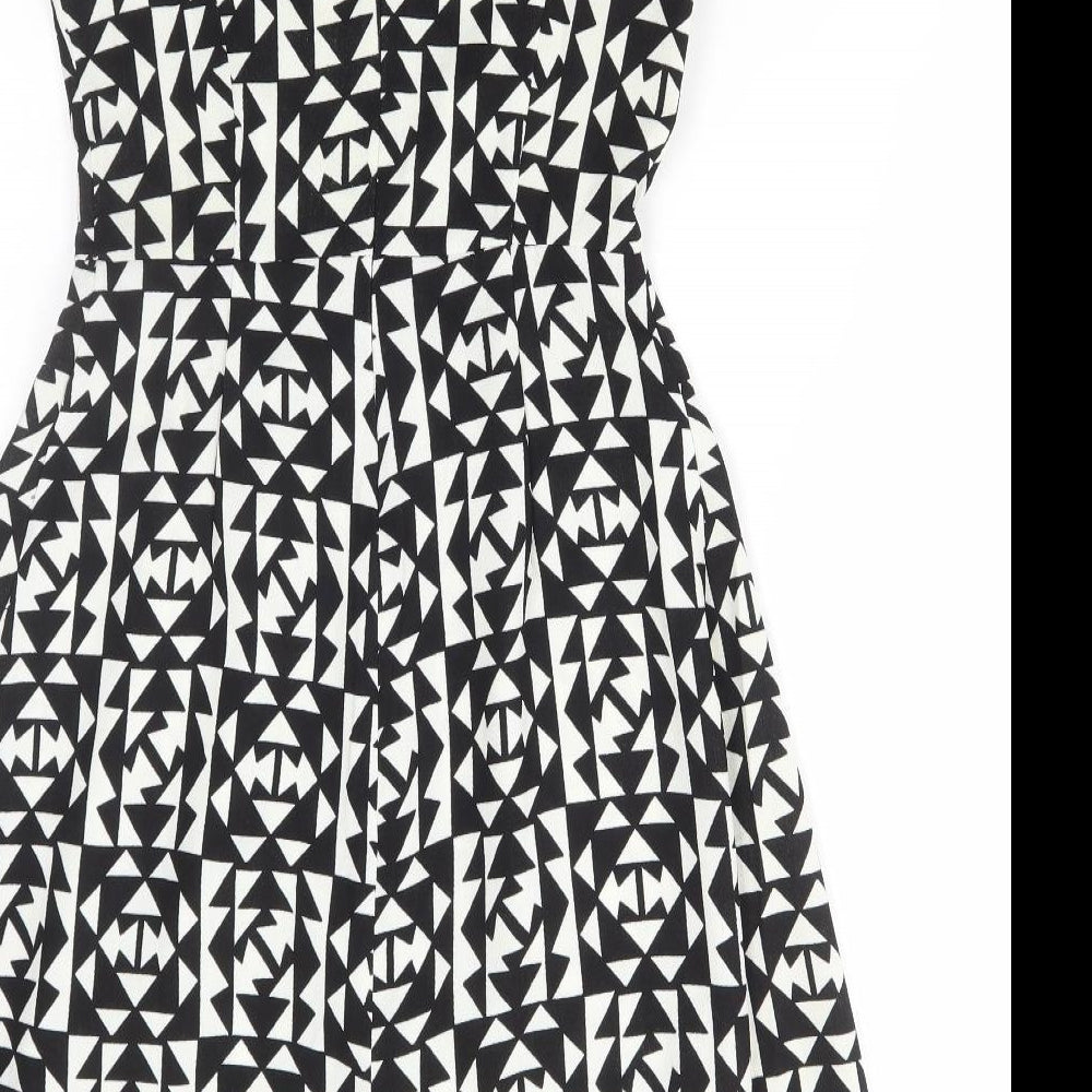 Collection Womens Black Geometric Polyester Skater Dress Size 8 Round Neck Zip