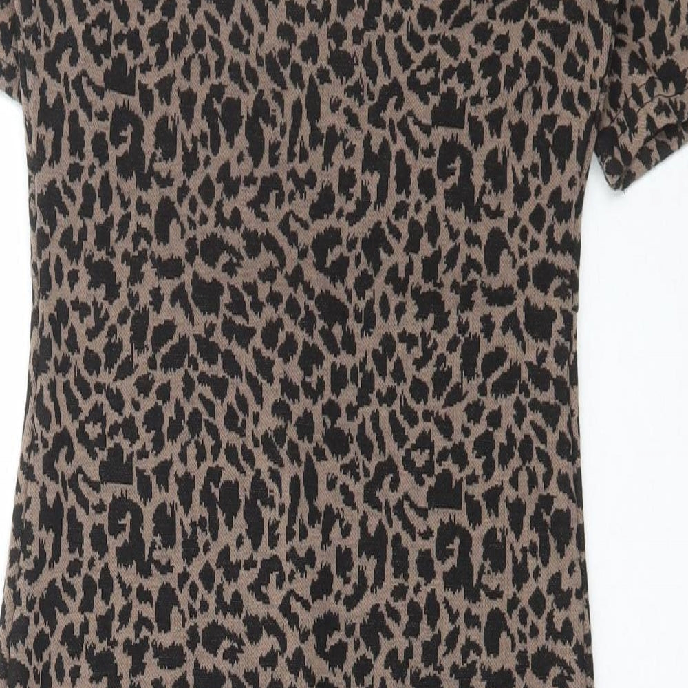 Collection Womens Brown Animal Print Polyester Bodycon Size 8 Round Neck Pullover - Leopard Print