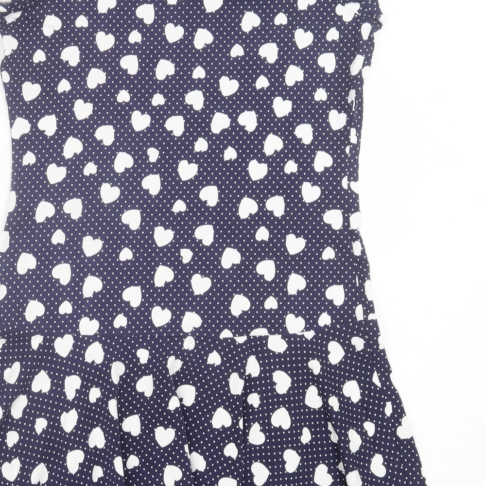 Preworn Womens Blue Geometric Polyester A-Line Size 12 Crew Neck Pullover - Hearts