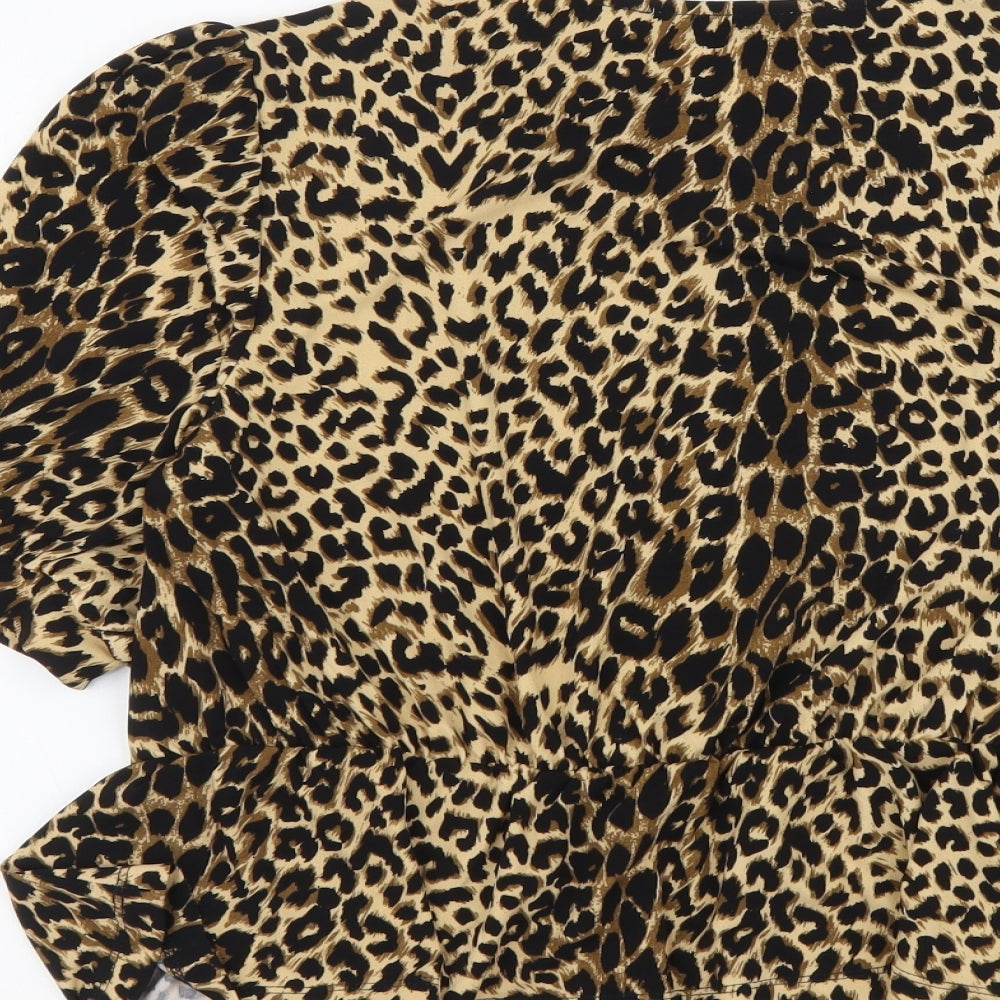 Oasis Womens Brown Animal Print Polyester Basic Blouse Size M Round Neck