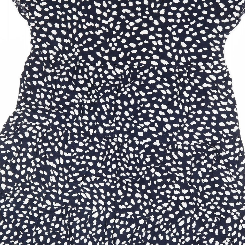 Preworn Womens Blue Geometric Polyester Fit & Flare Size L Round Neck Button - Tiered