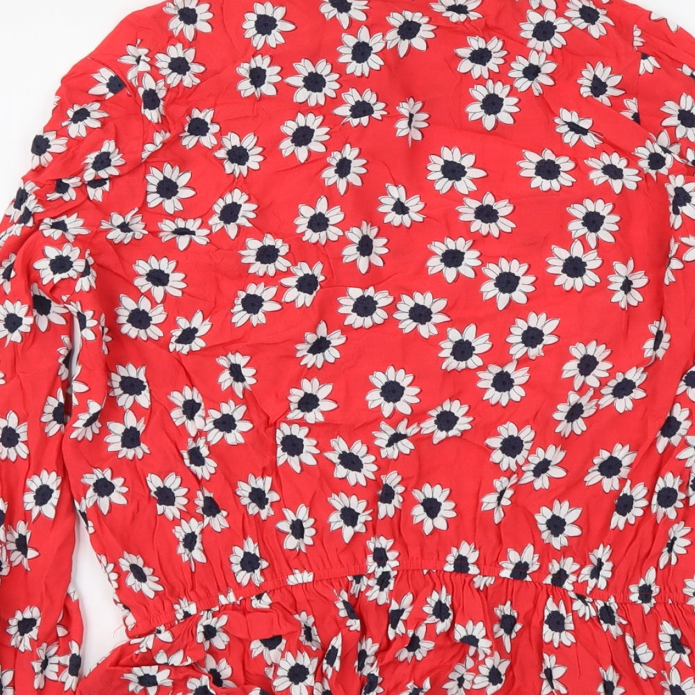Marks & Spencer Womens Red Geometric Viscose Basic Blouse Size 14 Round Neck