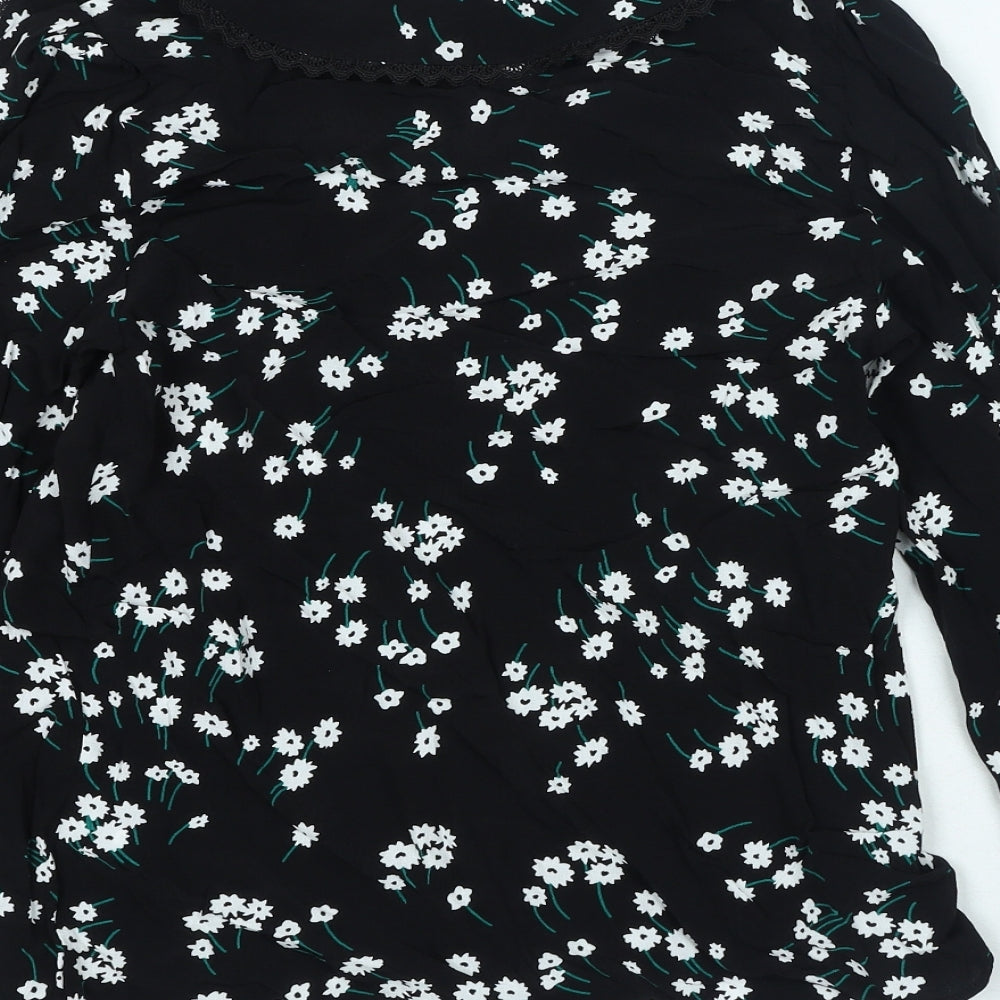 Marks & Spencer Womens Black Floral Viscose Basic Blouse Size 6 V-Neck