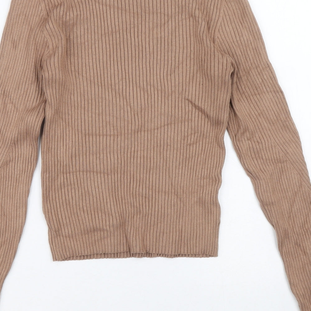 Bershka Womens Beige Roll Neck Viscose Pullover Jumper Size 30 - Ribbed fabric