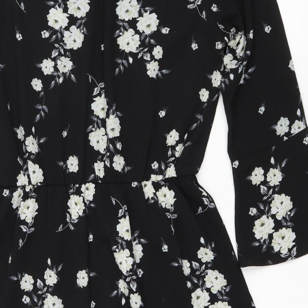 H&M Womens Black Floral Polyester Fit & Flare Size 6 Scoop Neck Button