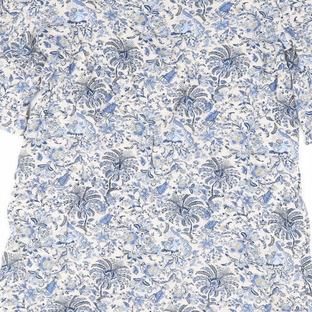 H&M Womens Blue Floral Viscose Shift Size 12 Boat Neck Pullover - Split Tie Sleeve Detail