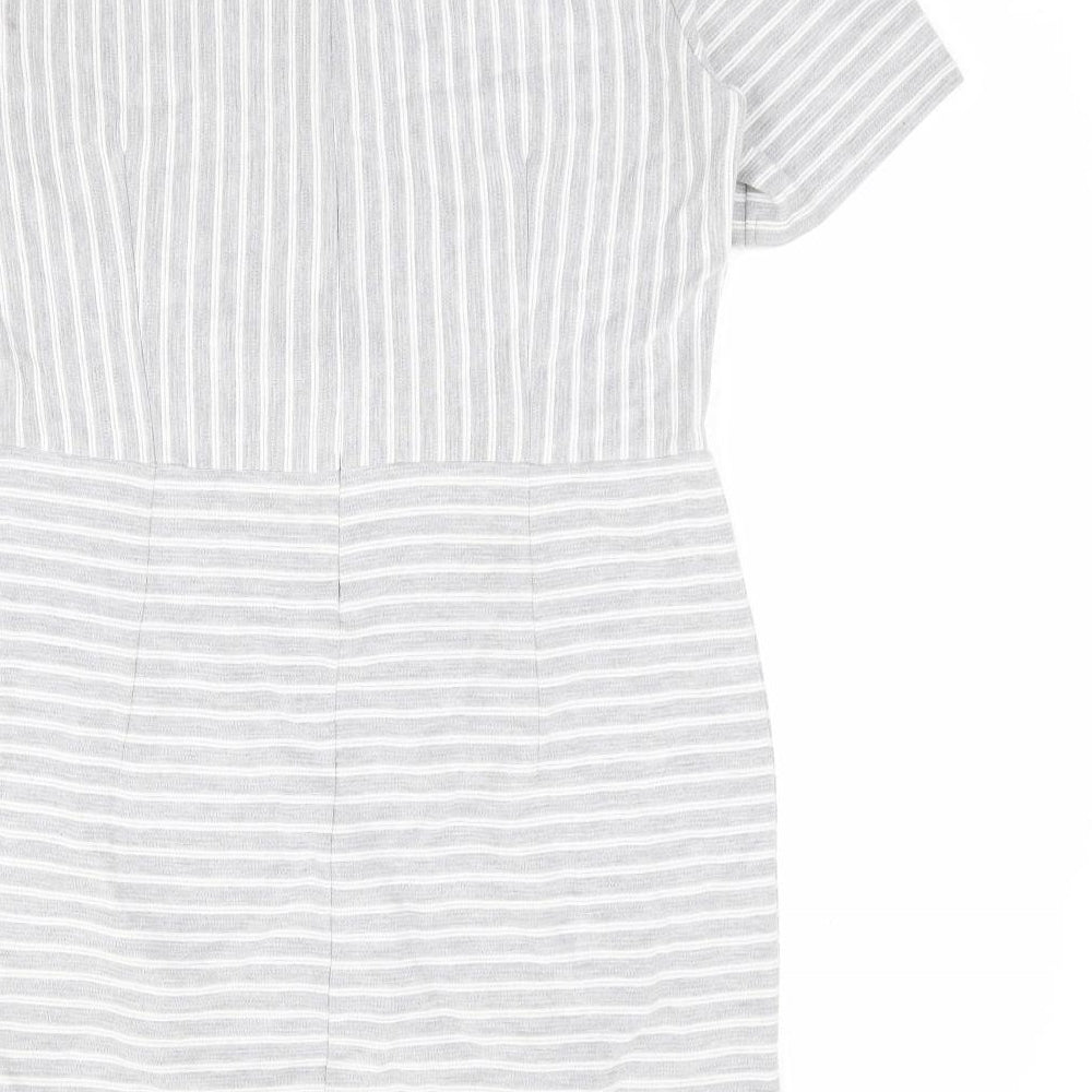 Warehouse Womens Grey Striped Polyester A-Line Size 14 Round Neck Zip - Ribbed