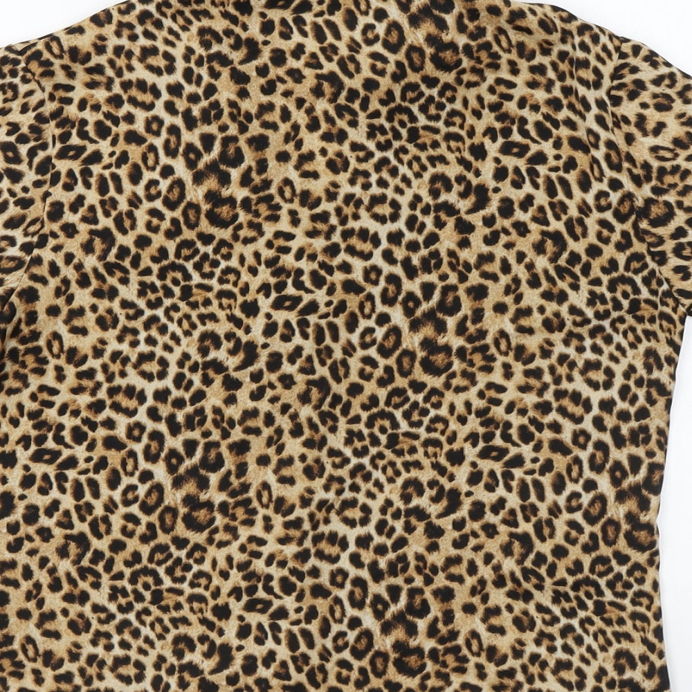 Secret Possessions Womens Brown Animal Print Polyester Basic Button-Up Size 6 Collared