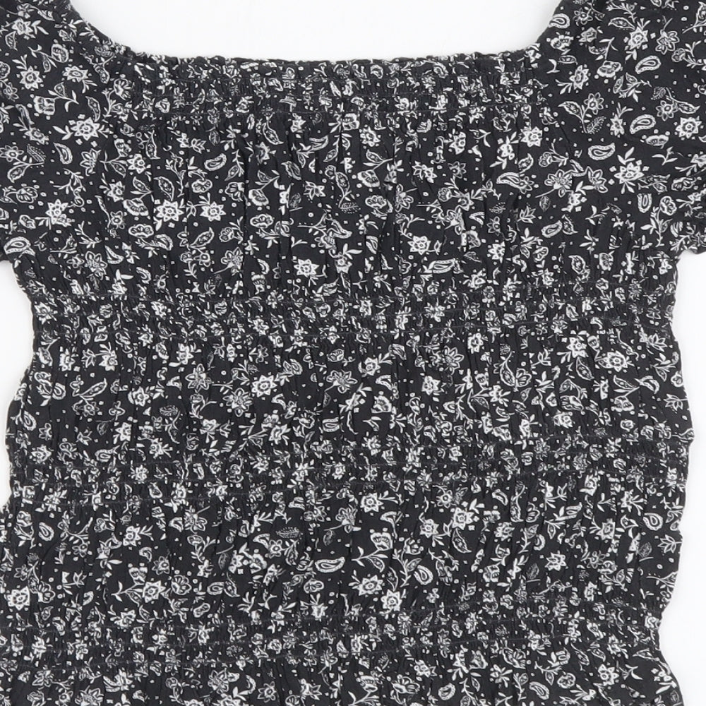 Marks & Spencer Girls Grey Floral Viscose Basic Blouse Size 8-9 Years Square Neck Pullover