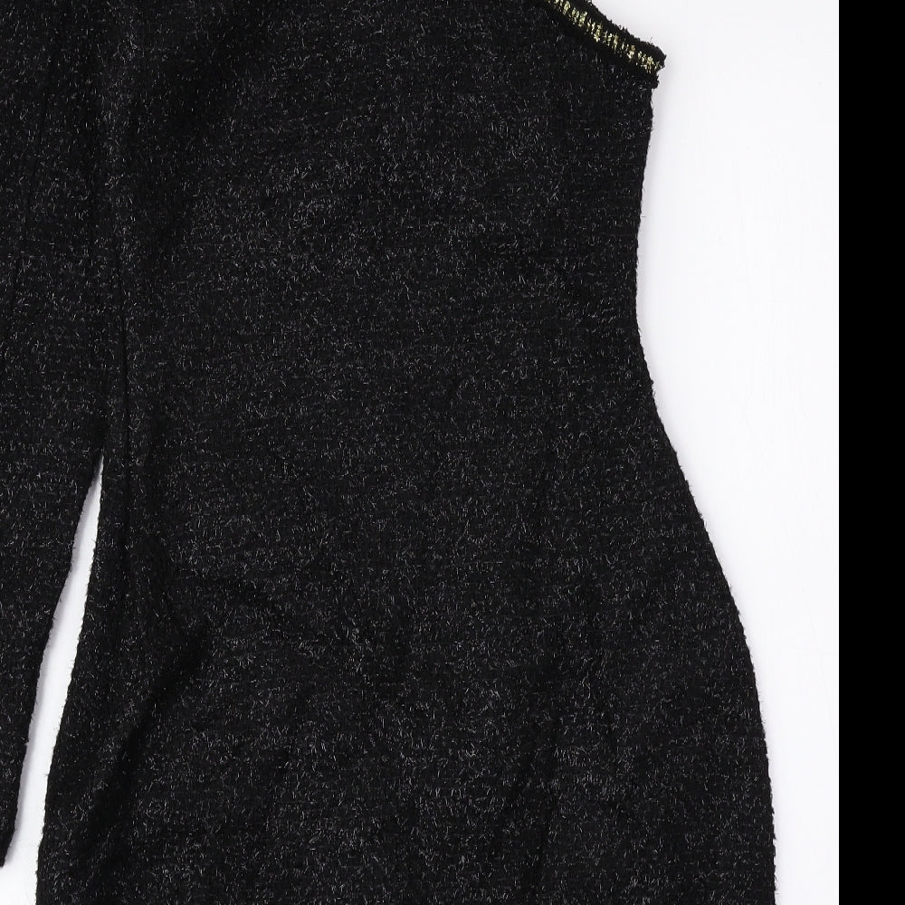 Zara Womens Black Acrylic Bodycon Size 4 One Shoulder Zip