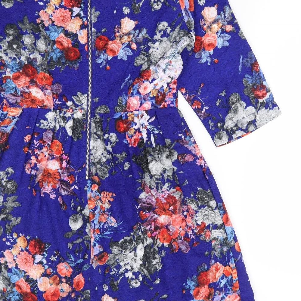 Louche Womens Blue Floral Polyester Fit & Flare Size 10 Round Neck Zip