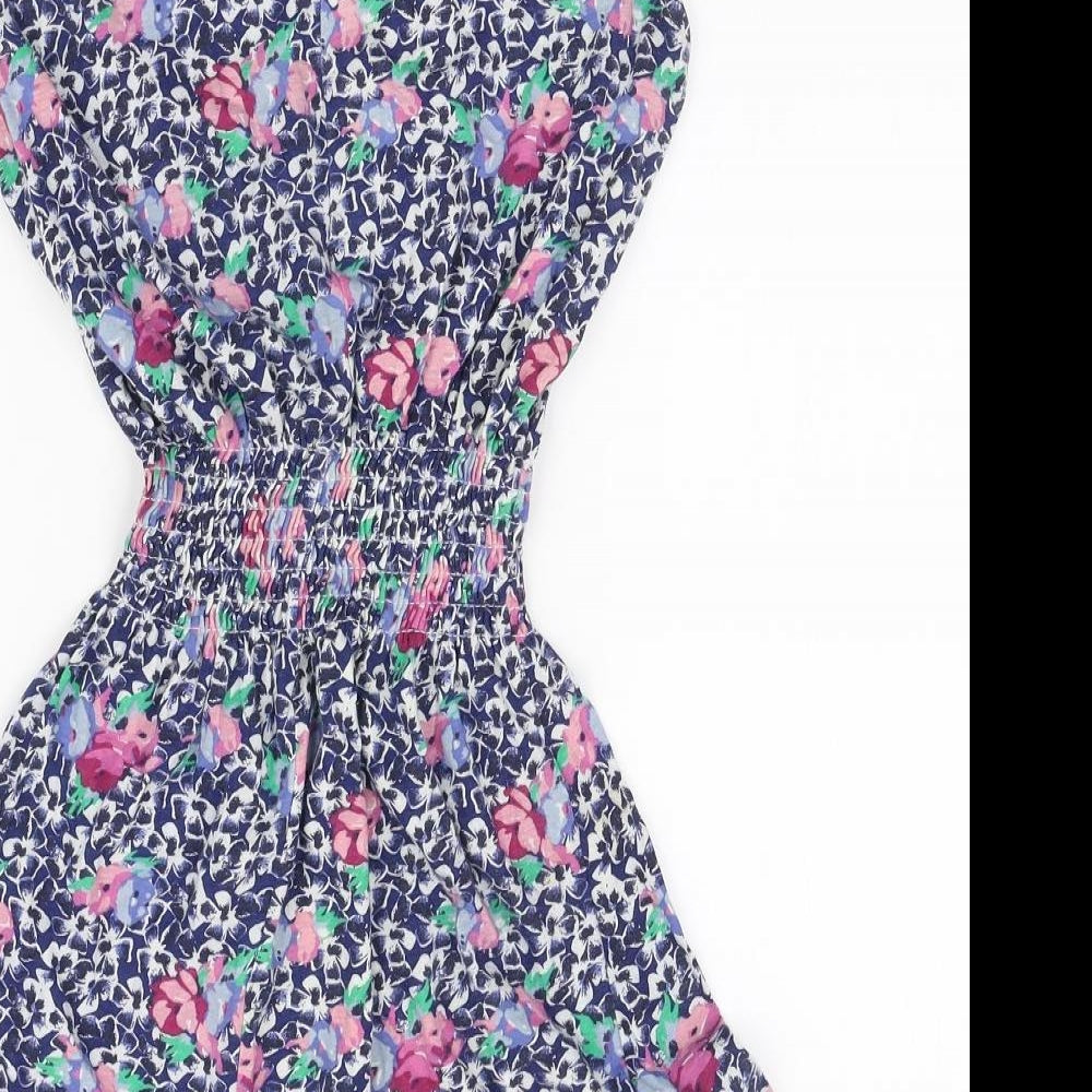 Topshop Womens Blue Floral Cotton Mini Size 8 Boat Neck Pullover