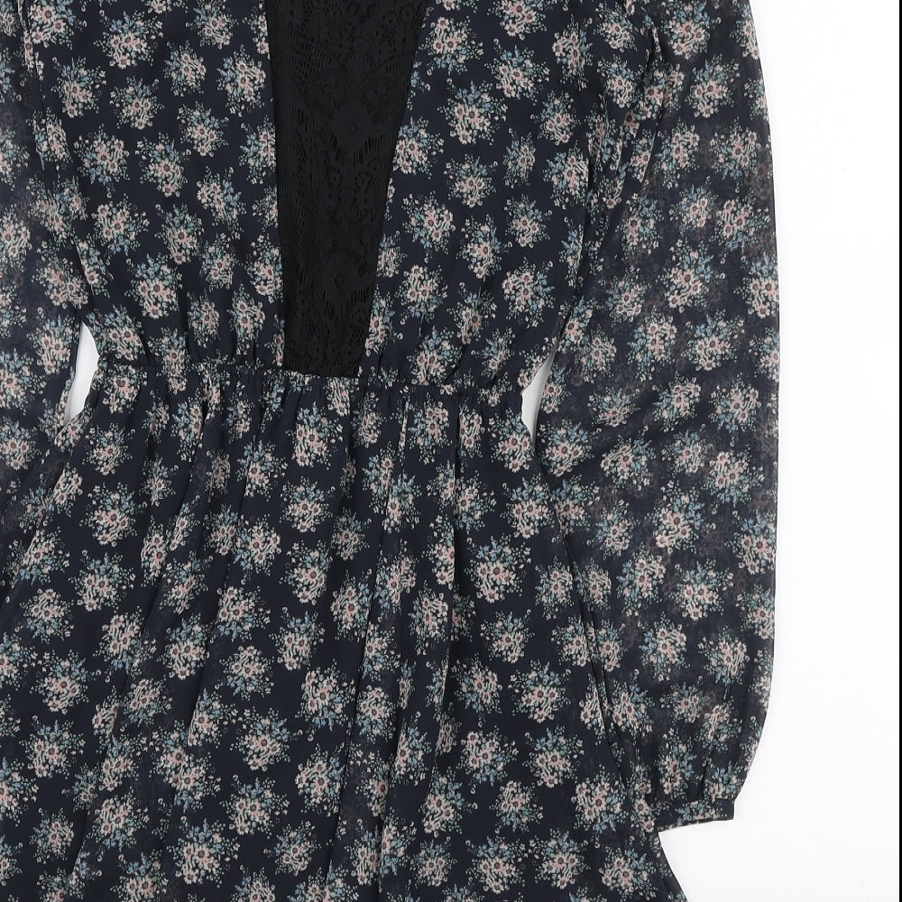 River Island Womens Blue Floral Polyester Mini Size 6 V-Neck Button - Lace Neckline