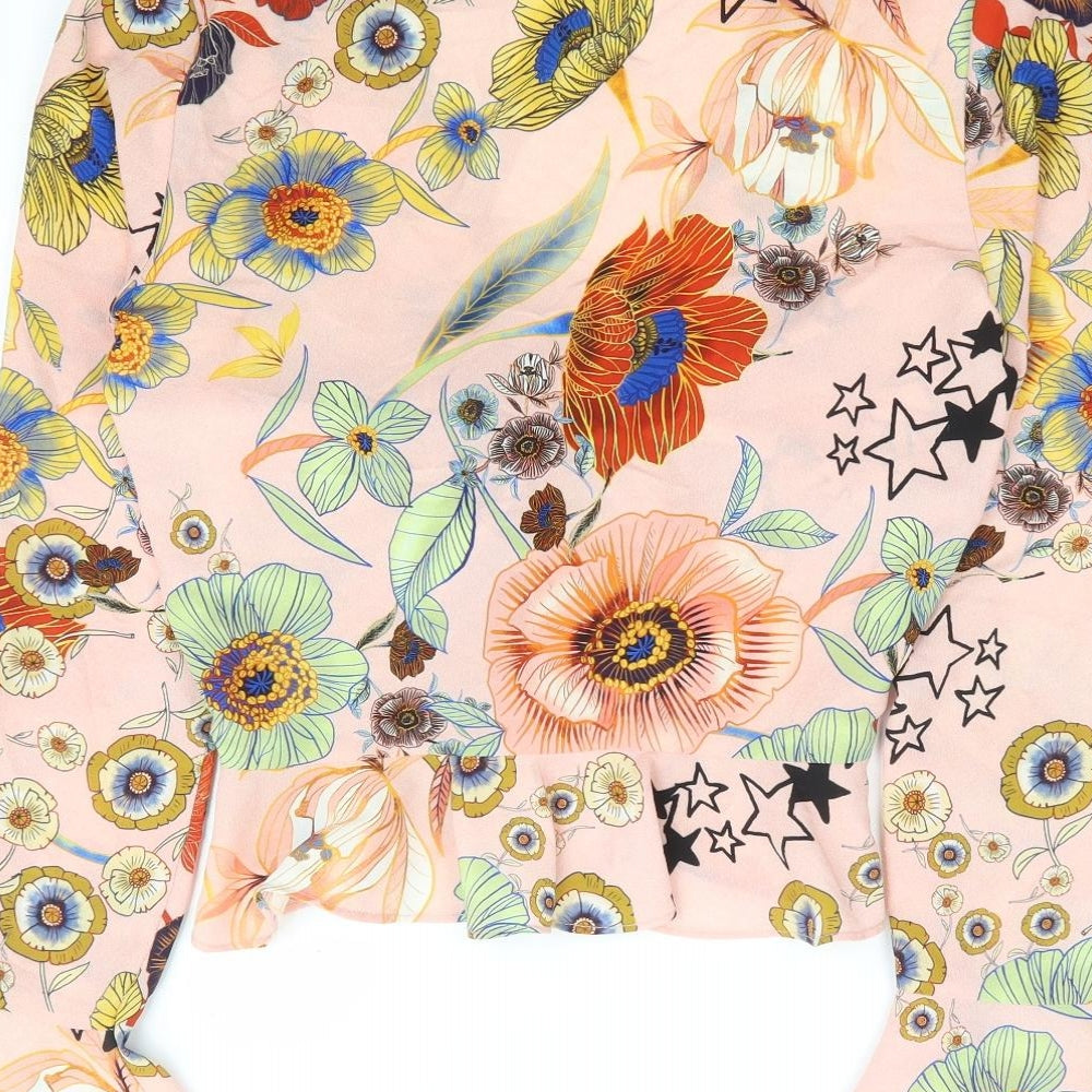 Topshop Womens Pink Floral Polyester Cropped Blouse Size 4 V-Neck - Flute Sleeve