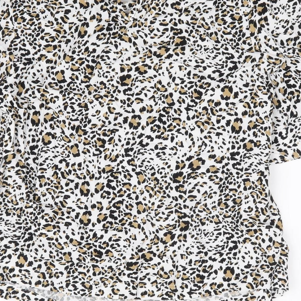 Marks & Spencer Womens White Animal Print Viscose Basic Blouse Size 8 Collared - Leopard Print