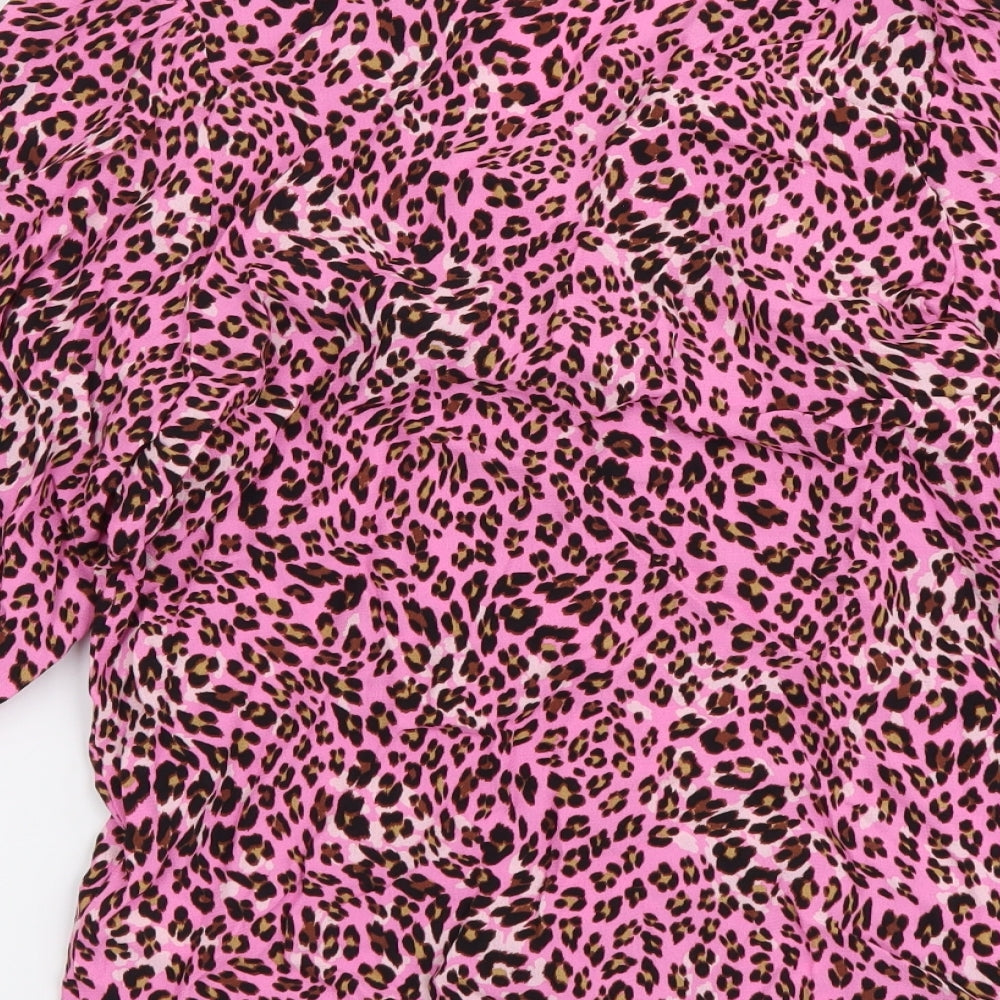 Marks & Spencer Womens Pink Animal Print Polyester Basic Button-Up Size 8 V-Neck - Leopard pattern