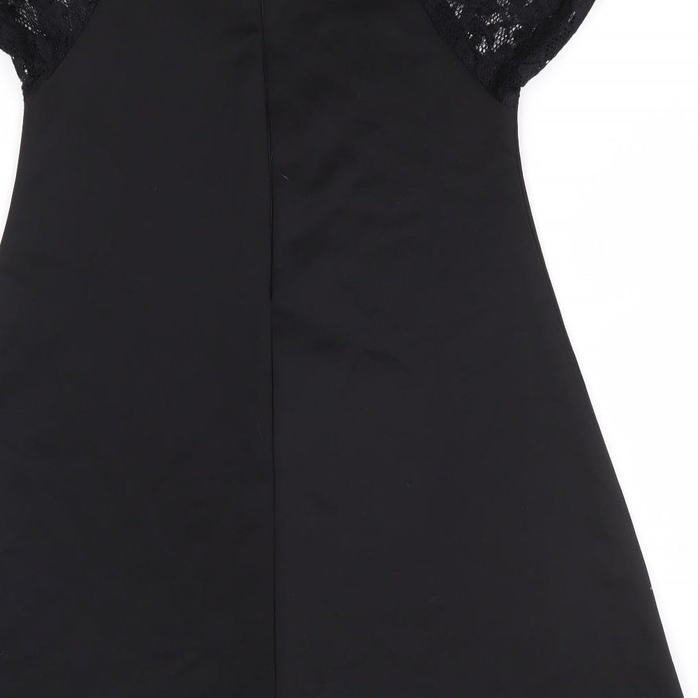 Missguided Womens Black Polyester A-Line Size 10 Round Neck Zip - Lace Sleeve Detail
