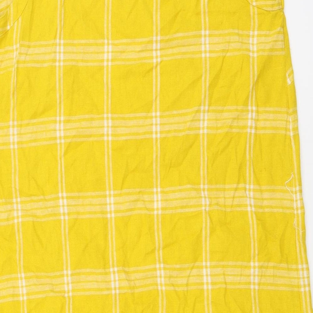 Marks & Spencer Womens Yellow Plaid Linen A-Line Size 10 Round Neck Pullover