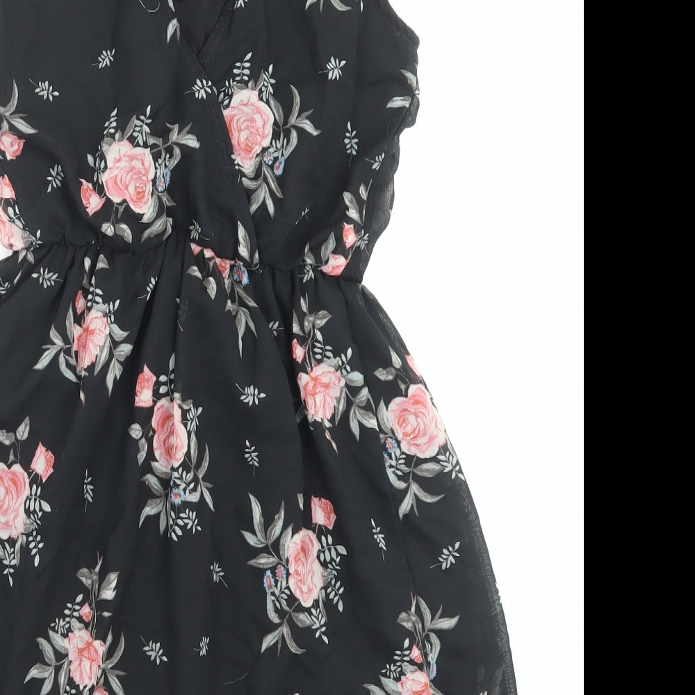 H&M Womens Black Floral Polyester A-Line Size 8 Scoop Neck Pullover