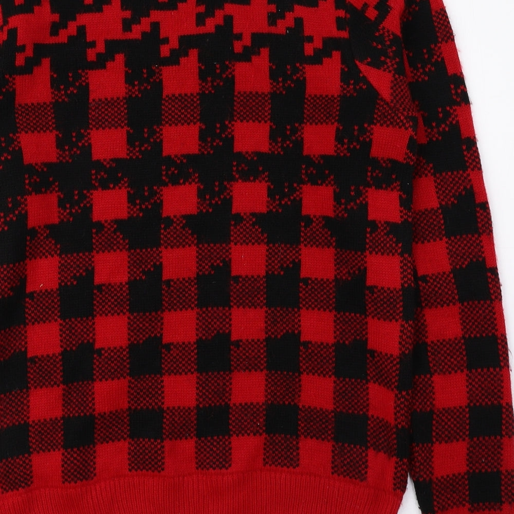 Topman Womens Red Round Neck Check Acrylic Pullover Jumper Size S