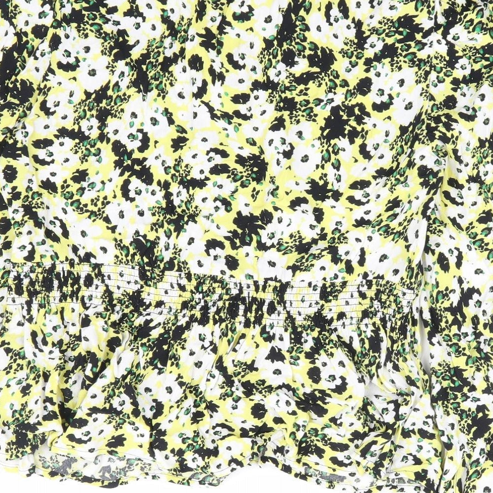 Marks & Spencer Womens Yellow Floral Viscose Basic Blouse Size 10 Round Neck - Tie Front
