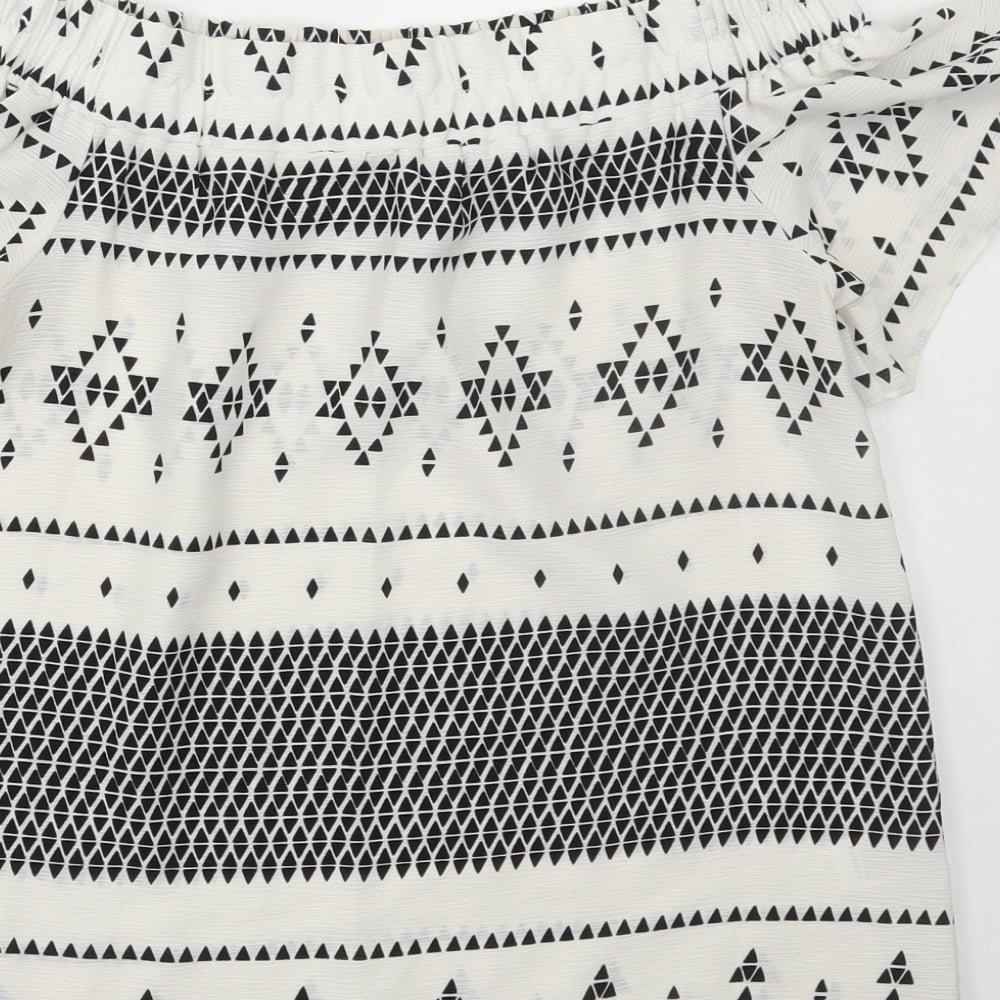 Atmosphere & Here Womens White Geometric Polyester Basic Blouse Size 10 Off the Shoulder