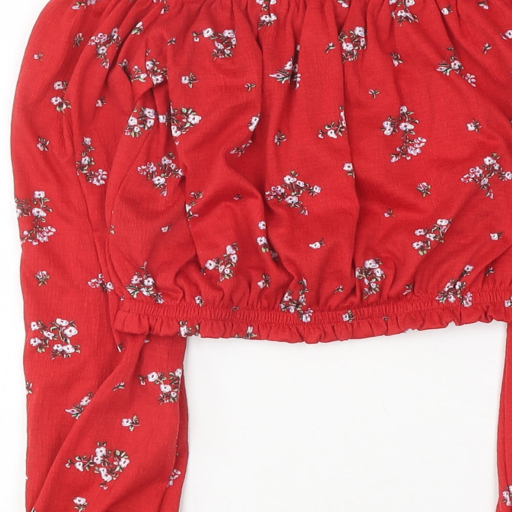 Divided Womens Red Floral Polyester Cropped Blouse Size S Off the Shoulder