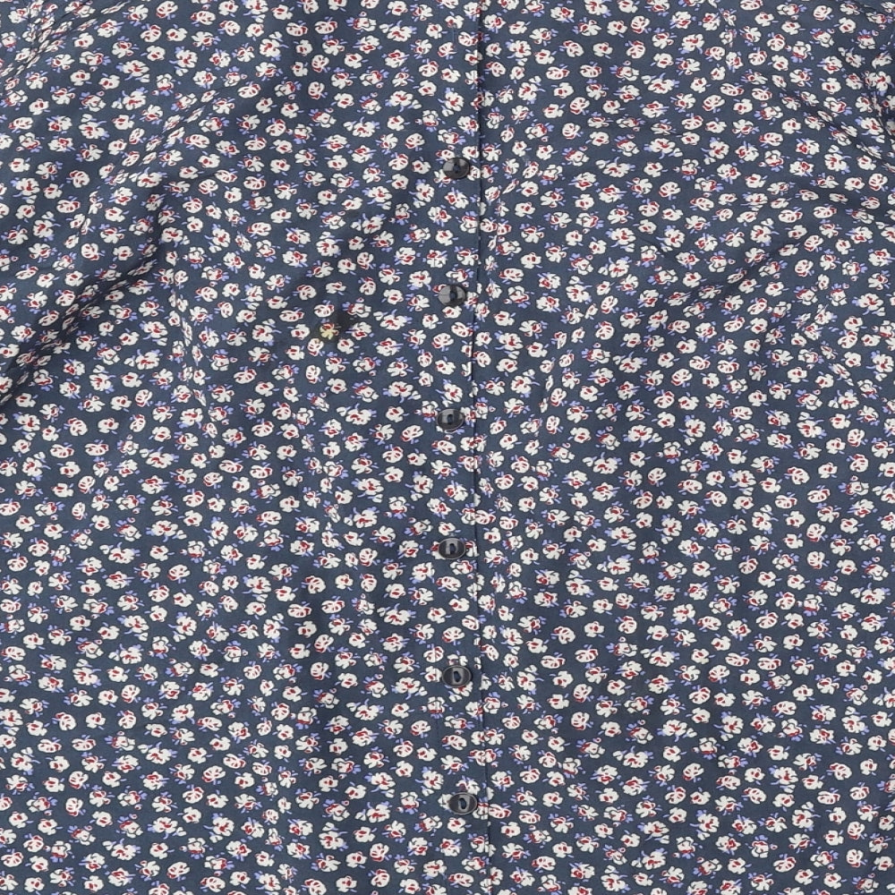 Classic Womens Blue Floral Polyester Basic Button-Up Size 8 Round Neck