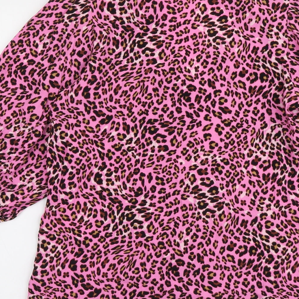 Marks & Spencer Womens Pink Animal Print Viscose Basic Button-Up Size 6 V-Neck - Leopard Skin Pattern