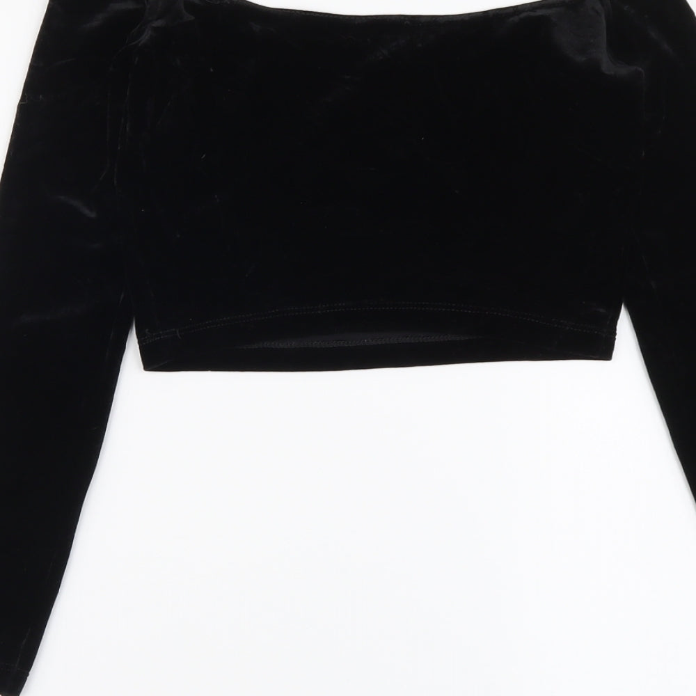 American Apparel Womens Black Polyester Cropped Blouse Size S Boat Neck